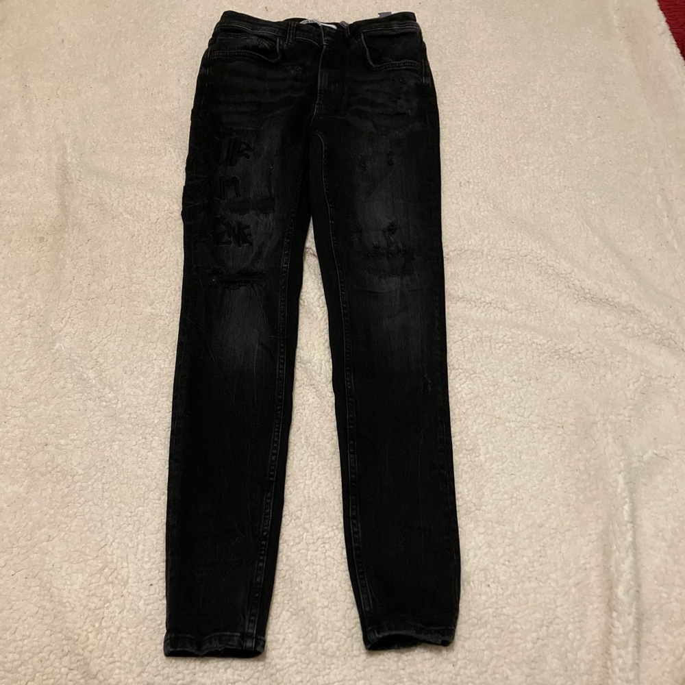 - ZARA black distressed hi rise jeans with embroidered design